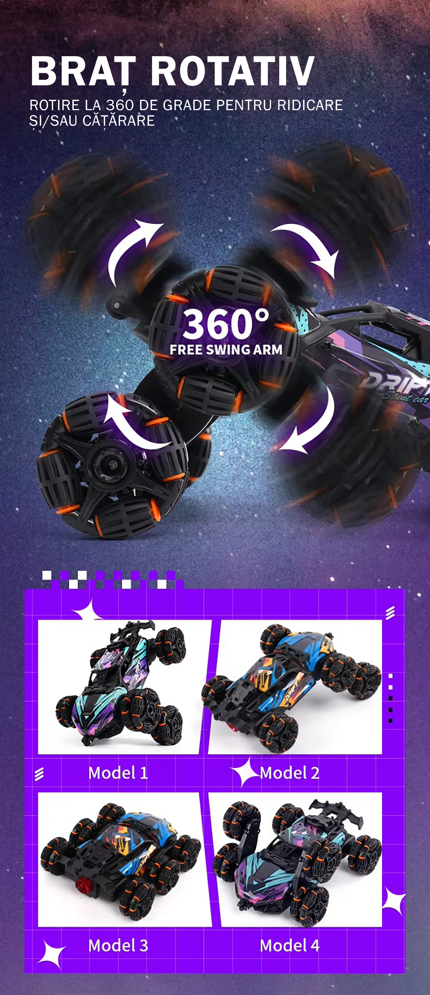 Masina Stunt RC cu Telecomanda Roti Rotative 360°